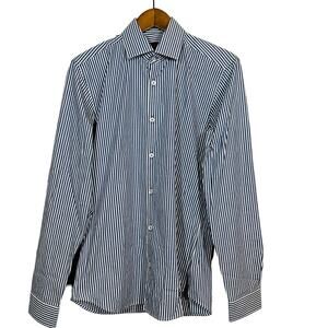 Jared Lang Button Up Dress Shirt Stripe Long Sleeve Career Casual Blue Ivory - S